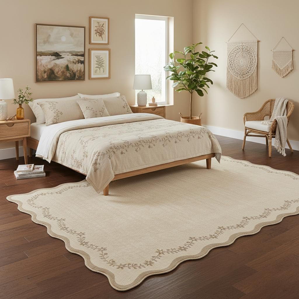 GarveeHome Scalloped Area Rugs 8x10 for Living Room, Solid Tan Jute Large Washable Rug Soft Non Slip Backing Floor Mat Carpet Indoor Thin Rug for Bedroom Dining Room Playroom Nursery Home Decor