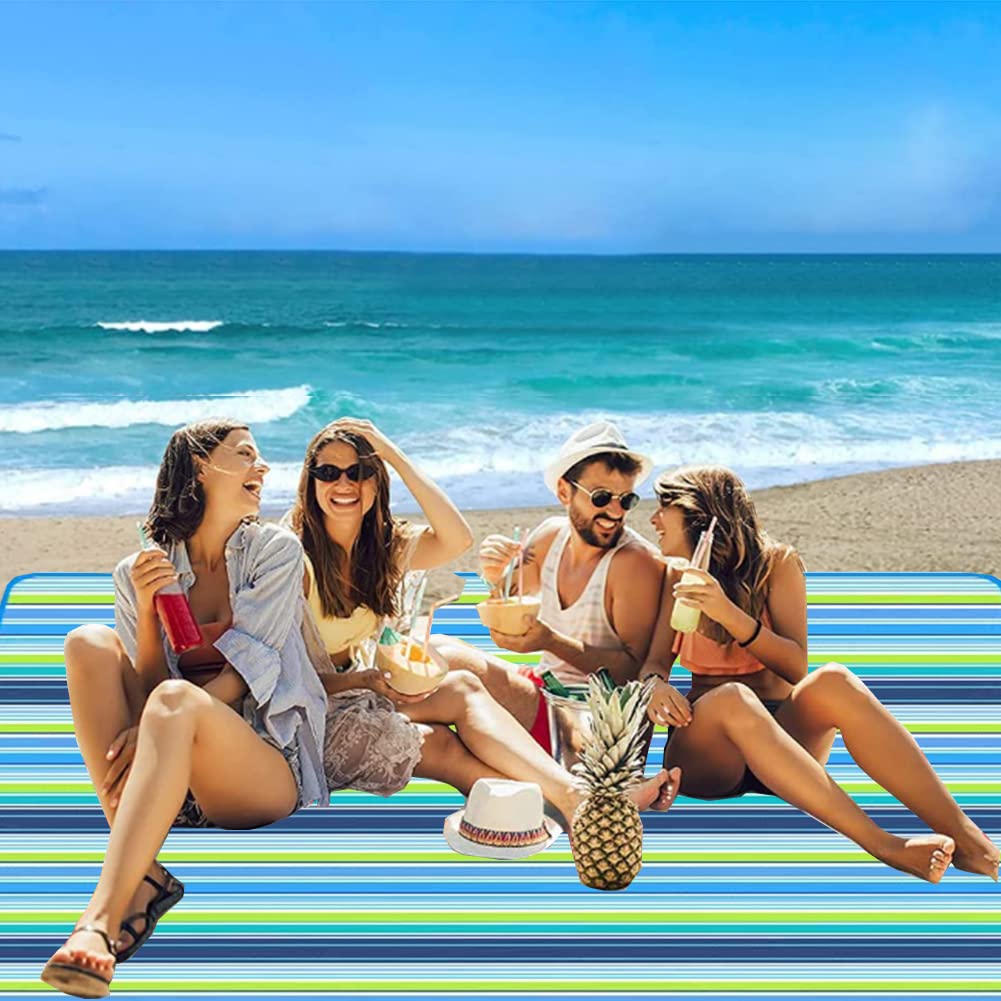 K Y KANGYUN Picnic Blanket | Beach Mat| Picnic Blankets for Indoor and Outdoor, 80" x 60" Sandproof Waterproof Larger Mats for Travel, Camping, Hiking, Park Grass, Handy Tote, Foldable (Blue Line)