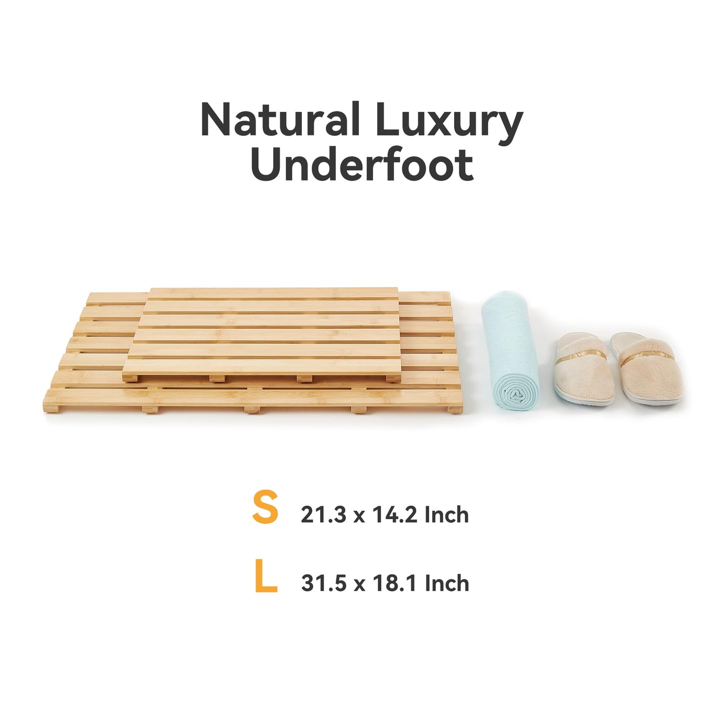 Yampos Bamboo Bath Mat, Non-Slip Waterproof Shower Mat with Rubber Feet Luxury Spa-Grade Wooden Floor Mat for Bathroom, Bathtub, Sauna, Indoor & Outdoor Use
