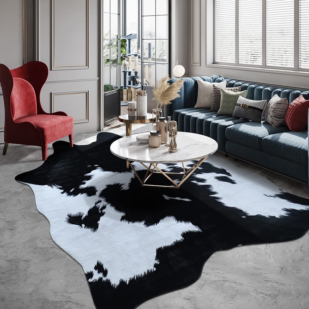 Rugoo Black Faux Cowhide 8.3 ft x 6.2 ft Cow Print Faux Animal Skin Faux Fur Rug for Living Room, Bedroom, Nursery