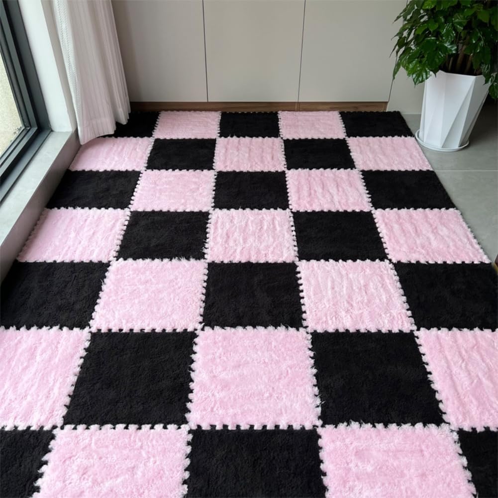 12Pcs Interlocking Carpet Tiles,12"x 12" Plush Interlocking Foam Carpet Tiles with Border,Fluffy Play Mat Floor Tiles Thick Padded Squares Foam Tiles for Playroom Decor (Pink+Black)