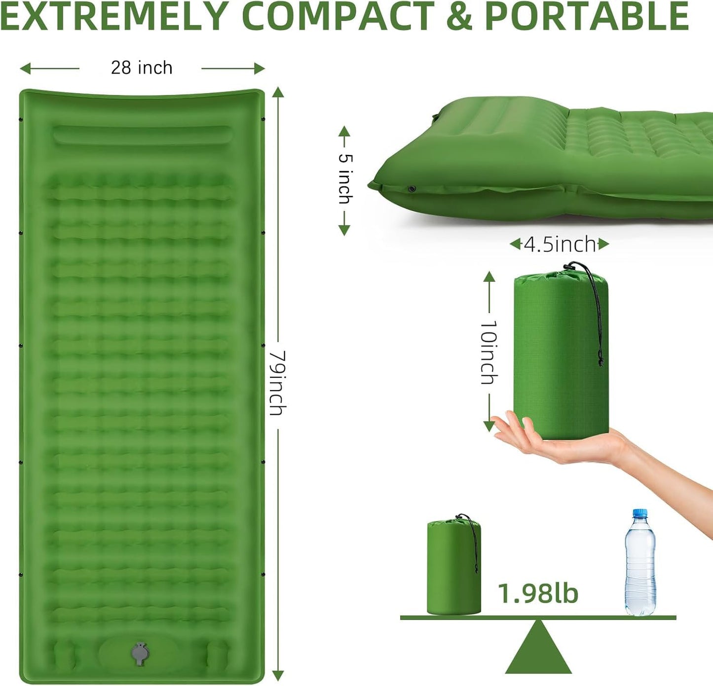 FNARMW Camping Sleeping Pad, Extra Thick 5 Inch Camping Mat with Pillow Built-in Foot Pump Inflatable Sleeping Pads Compact for Camping Backpacking Hiking Traveling Tent(Green)