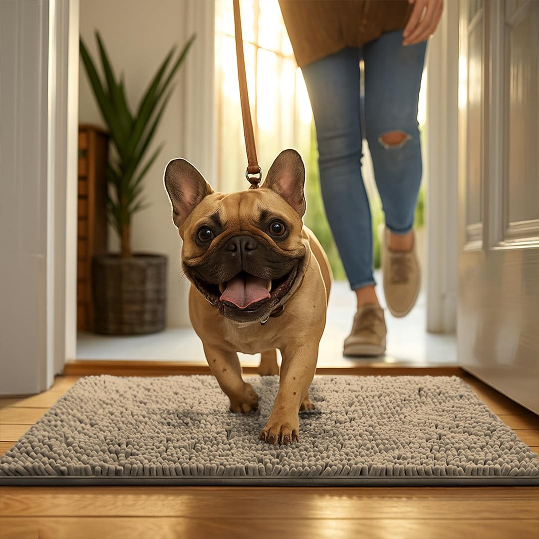 MUDGUARD MAT® Dog Door Mat for Muddy Paws, Super Absorbent Microfiber, Non-Slip Indoor Mat, Quick-Dry Chenille Rug for Pets & Entryway, Machine Washable, Beige 19" x 30"