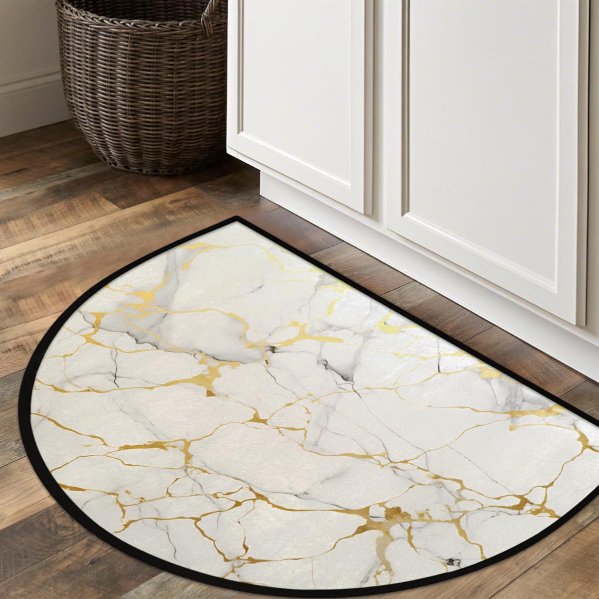 Half Round Rugs Gold Line Marble Texture Semicircular Indoor Door Mat Entryway Welcome Mat Non-Slip Half Round Low Profile Door Mat for Patio High Traffic Areas