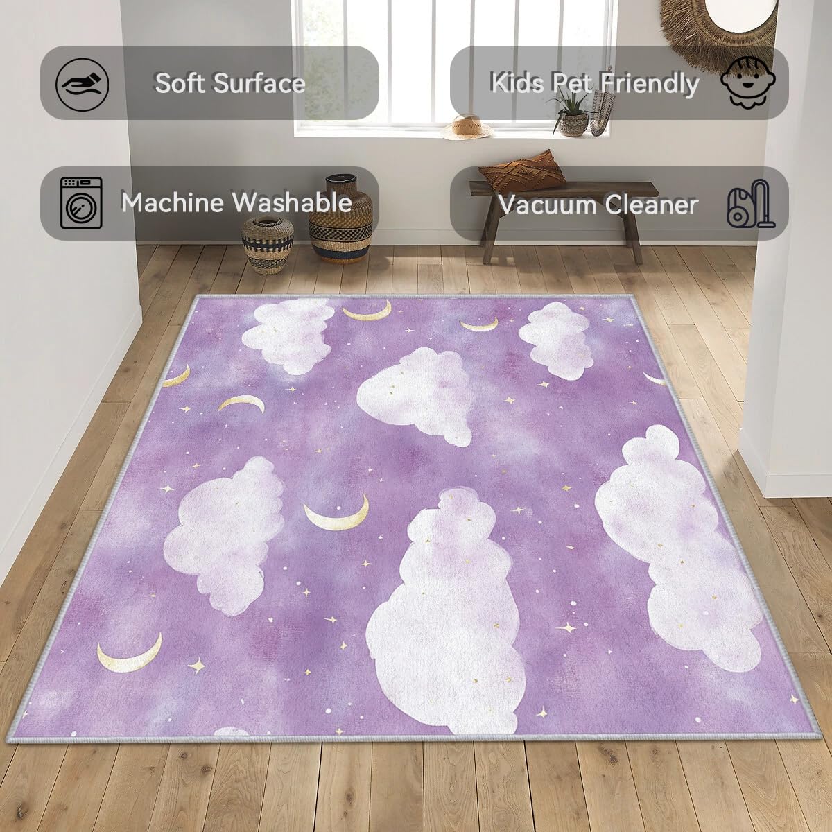 Vzdrahelia Purple Cloud Rug 3x4,Moon Star Area Rug Washable,Kids Girls Rugs for Living Room, Bedroom,Cloud Pattern Carpet Home Decor, Non Slip