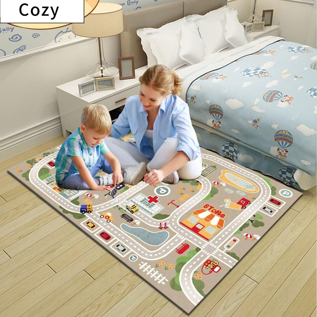 TYKTZXY Car Rugs Play Mat for Toy Cars,Kids Rug with Roads for Playroom,City Life Road Carpet for Baby Learning,Non-Slip Educational Nursery Rug for Toddlers(Grey, 80×120cm/31×47")