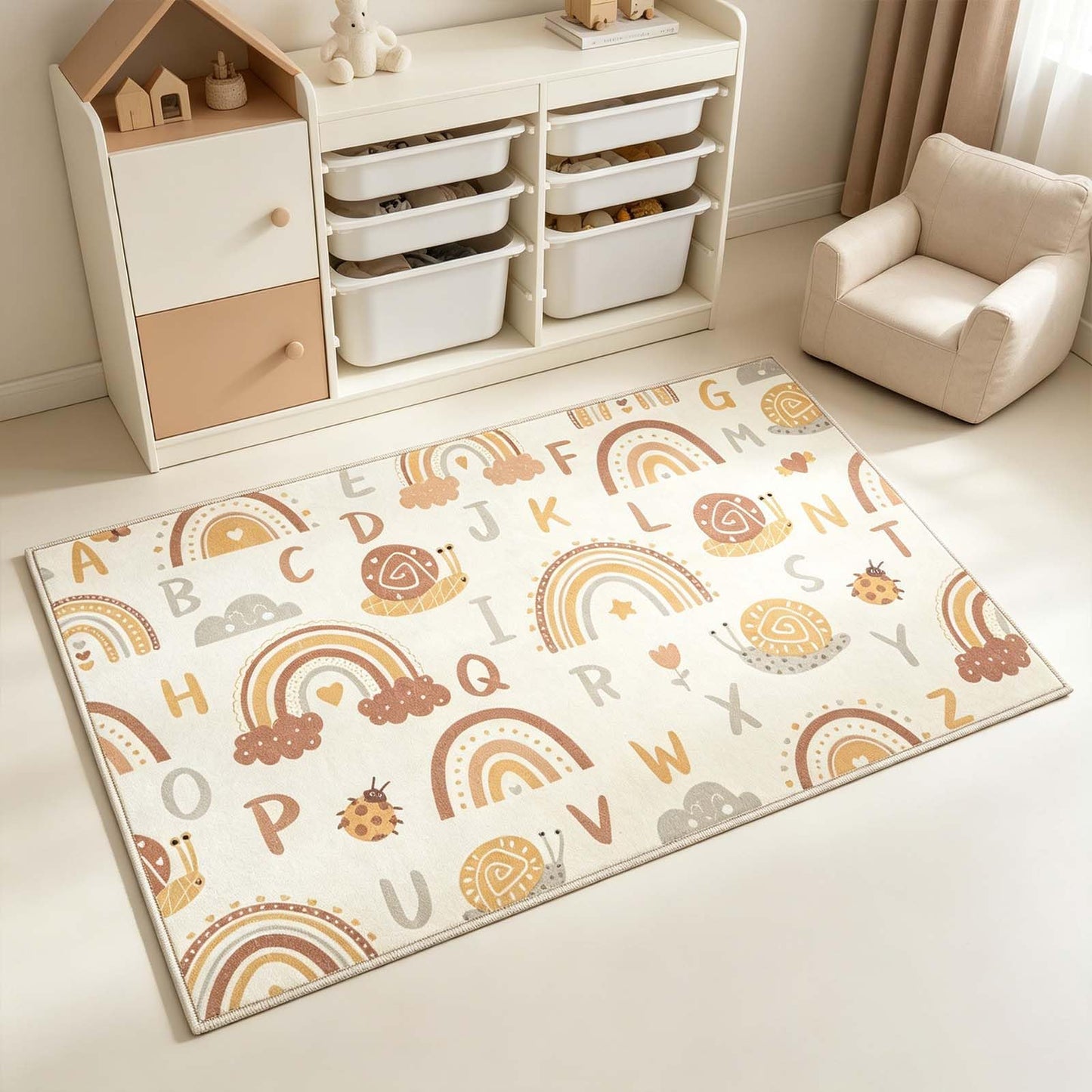 LIVEBOX Washable Kids Rug for Playroom, 3x5 Boho Rainbow Alphabet Rug for Kids Room, Non Slip Nursey Carpet Decor Rugs (Orange,3x5)