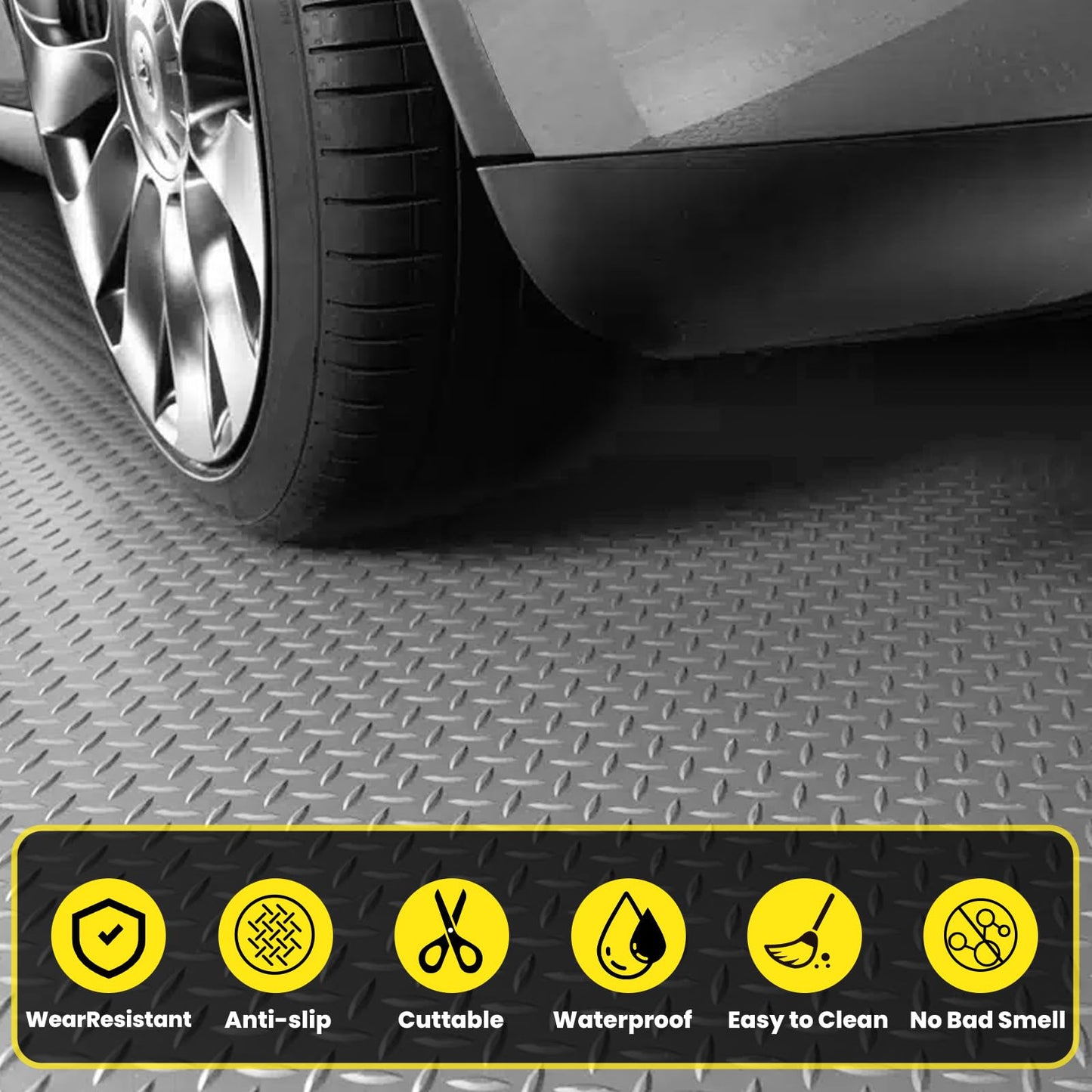 4x10 FT Garage Floor Mat, 2.8mm Thickened Diamond Plate PVC Rubber Heavy Duty Flooring Roll Covering Non-Slip Floor Protector Mat for Under Car Parking/Garage/Warehouse/Gyms/Trailer (Gray)