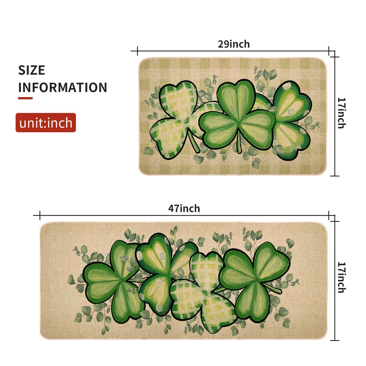 St Patricks Day Kitchen Decor Mats Set of 2, Non-Slip Absorbent Rug and Door Mats, Lucky Green Shamrock Clover Kitchen Floor Mat 17x29 and 17x47 Inch DM128