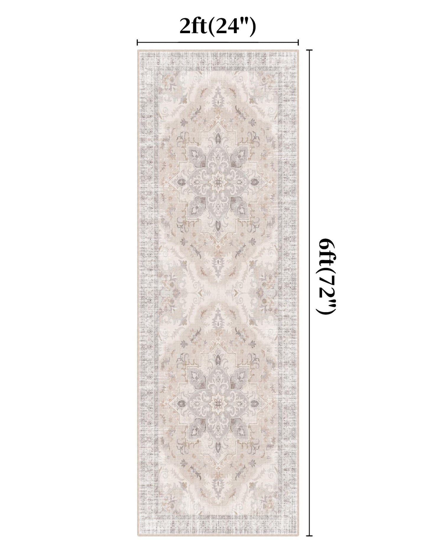 TTelephant 2x6 Runner Rug, Soft Non-Slip Vintage Medallion Rug, Low-Pile Bedroom Runner Rug Indoor Runners for Girls Room, Kids Room, Bedroom Bedside -Light Blush/Cream