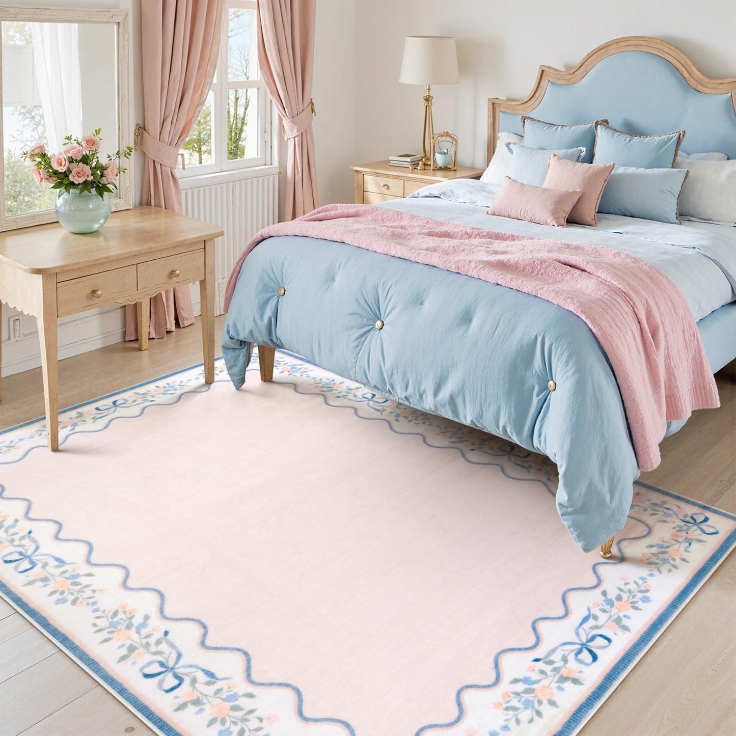 Seavish Pink Floral Rugs for Bedroom Girls, 5x7 Area Rugs for Living Room, Soft Washable Scalloped Nursery Rug, Boho Farmhouse Non-Slip Low Pile Carpet Rug for Kids Playroom Dining Room Office