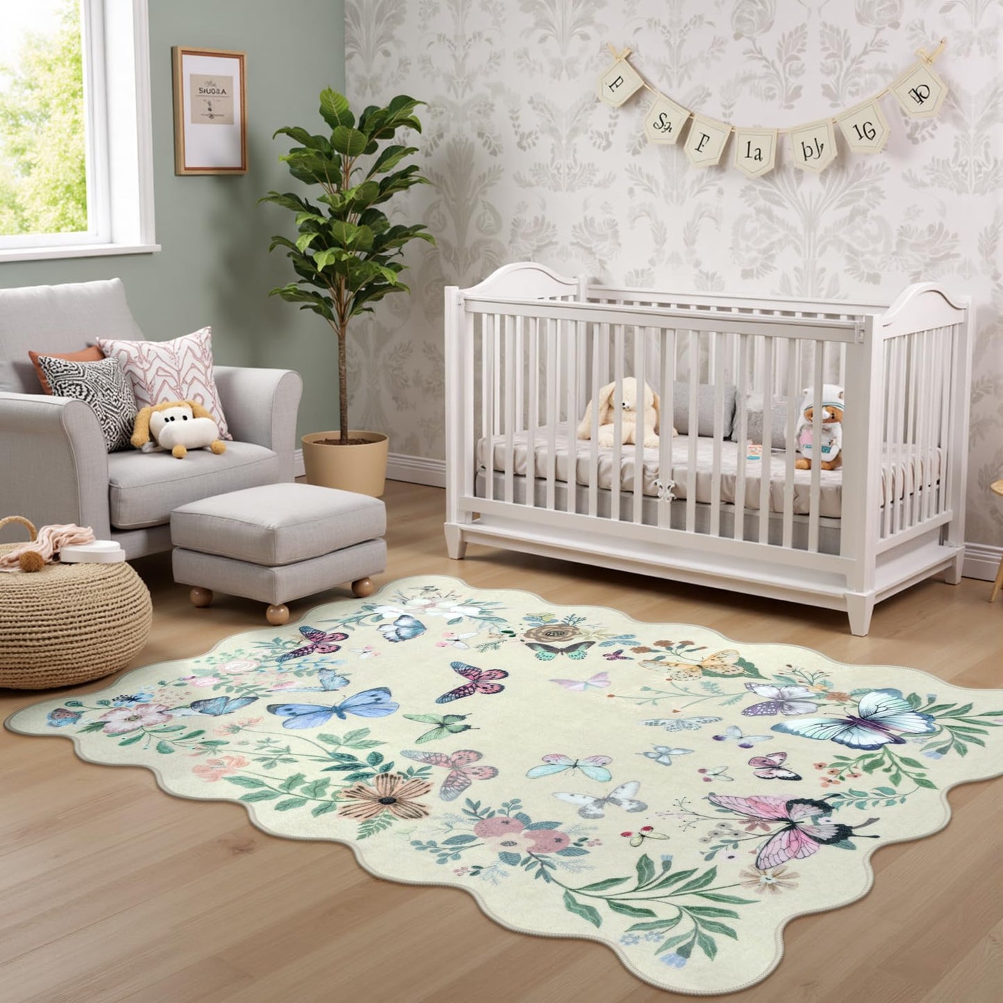 Rugalia Washable Scalloped Butterfly Area Rug, 3x5 Beige Indoor Entryway Rug Soft Non-Slip Boho Kitchen Rugs, Ultra Thin Botanical Floral Throw Carpet for Living Room Bedroom Nursery Foyer