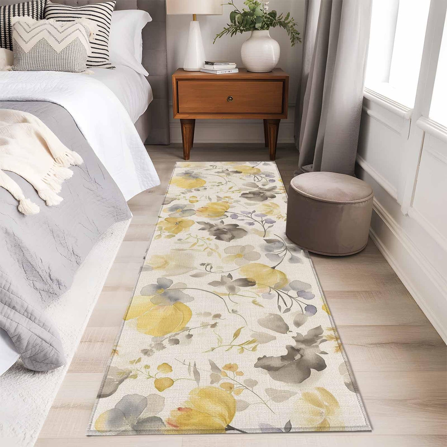 Yellow Gray Floral Runner Rug 2x6 Washable Kitchen Rug Non-Slip Lightweight Thin Soft Bathroom Runner Botanical Watercolor Plants Flowers Texture Beige Carpet for Hallway Laundry Room Bedroom Entryway