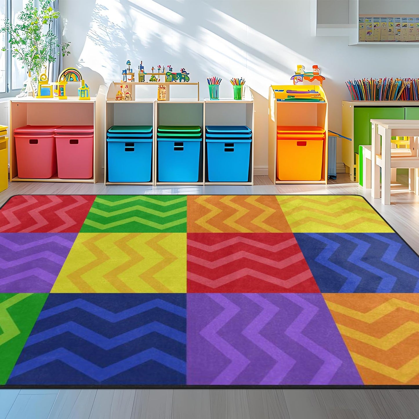 Kids Playmat Rug, Soft Classroom Seating Area Rugs - 5x7 Ft Nursery Carpet with Rubber Backing, Colorful Checkered Rug Suitable for Preschool, Artroom, Library and Reading Area, Multicolor