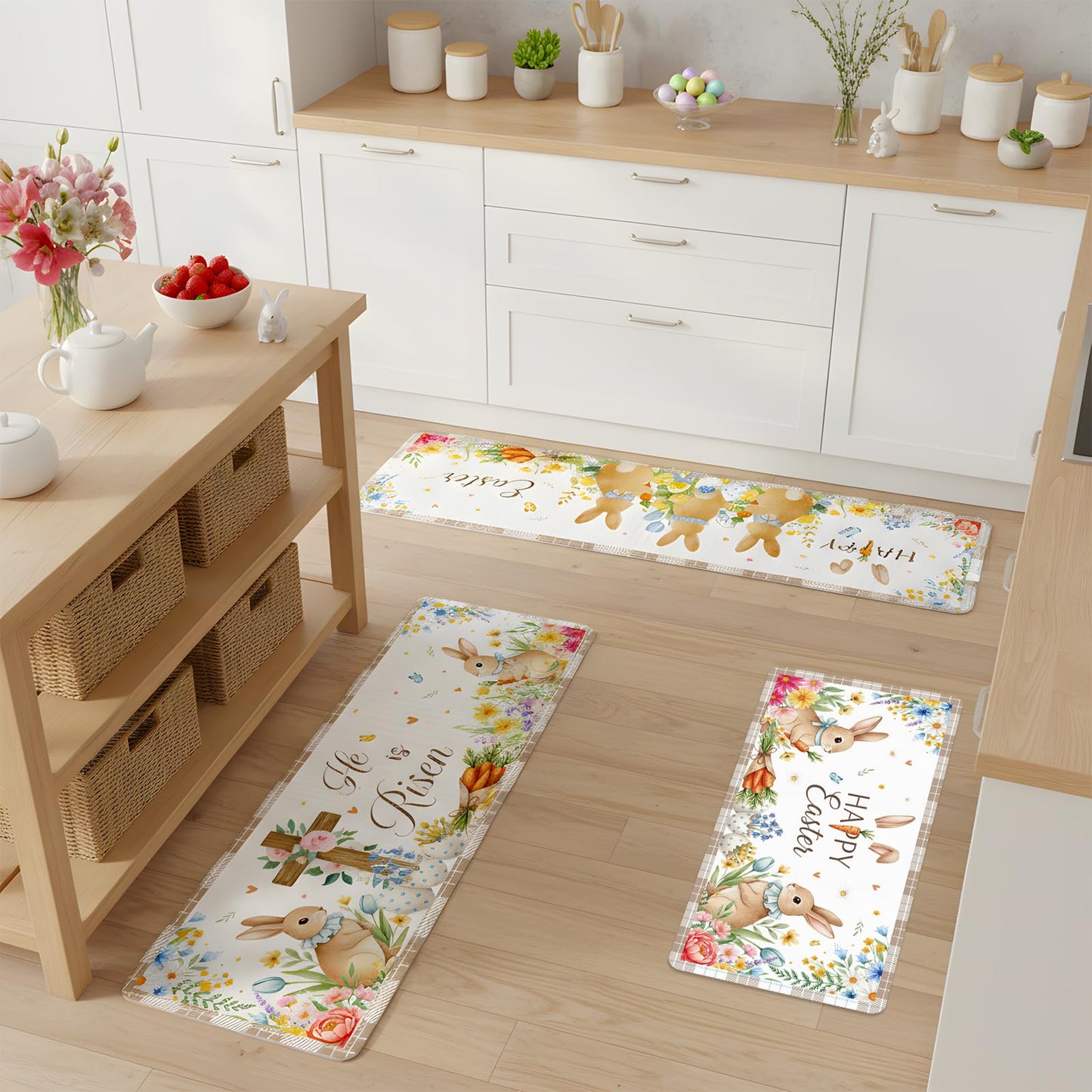 VISSTREE Happy Easter Kitchen Rugs Set of 3, Cute Bunny Egg Non Slip Kitchen Mats, Washable Rabbit Christian Floor Decor for Indoor Outdoor Spring Seasonal Holiday Farmhouse Home Decorations