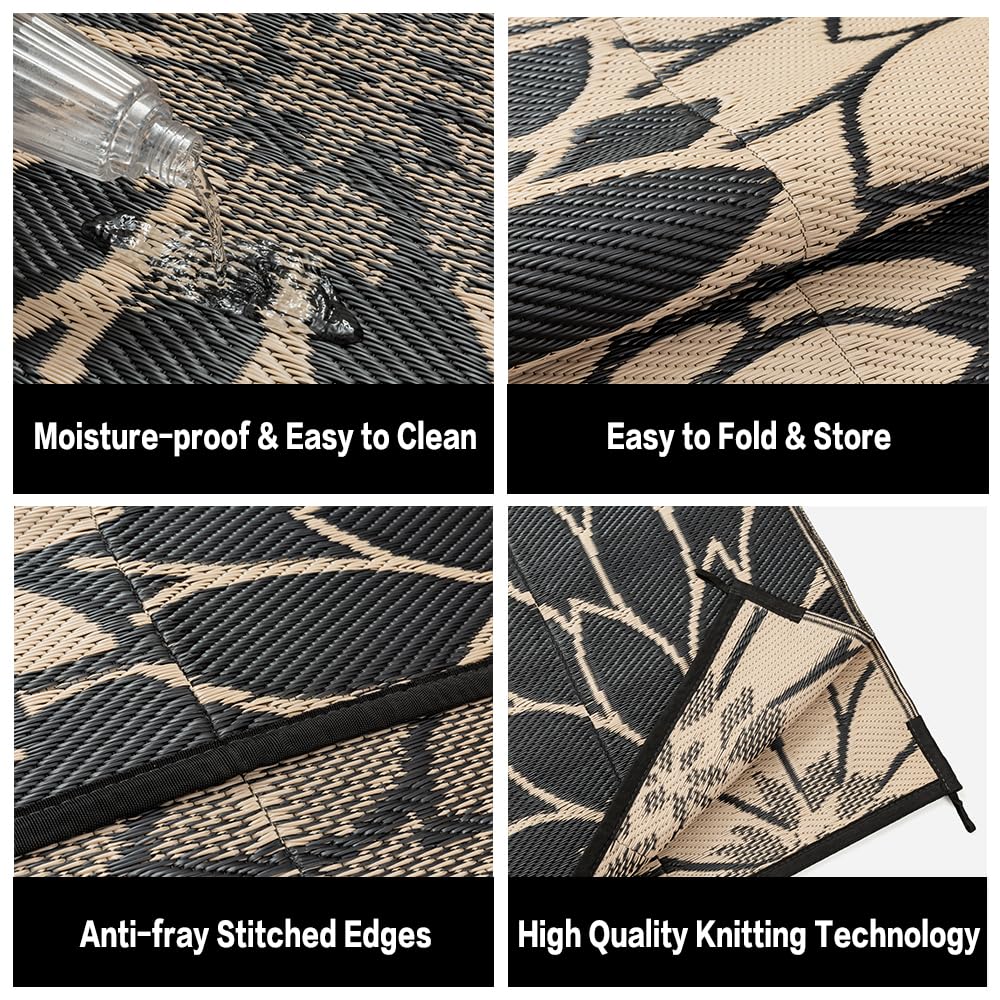 HUGEAR 5'x8' Outdoor Rug Waterproof Plastic Straw Rugs Brown Reversible Floral Mat Floor Carpet for Camping RV Deck Entryance Porch Picnic Balcony Beach Backyard