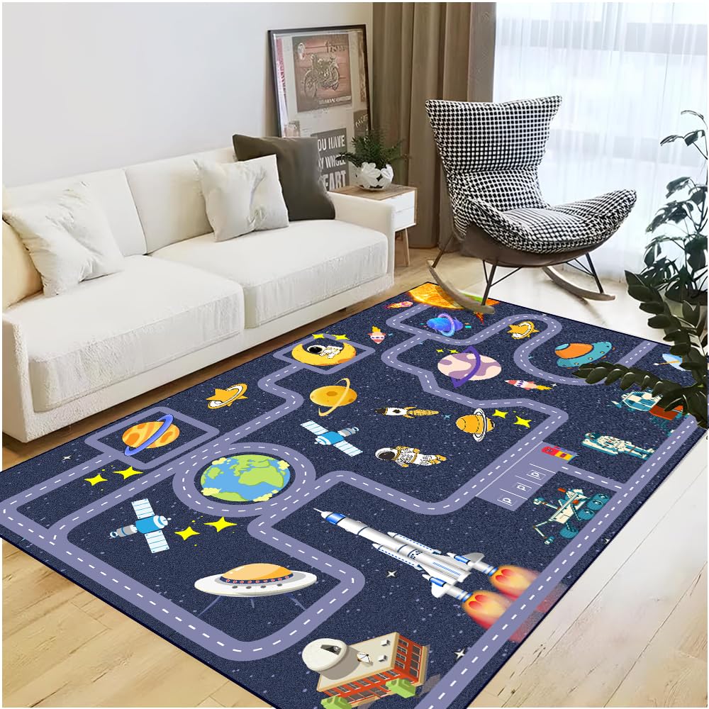 Pyrrhite Outer Space Kid Rug,Boys Car Rug for Kids Toy Cars Have Fun Safely, Non-Slip Educational City Road Rugs Carpets for Kid Room Bedroom(47×31 in