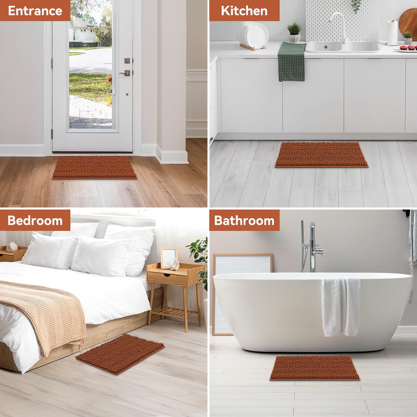 Bcoimo 24"×17" Chenille Bath Mat – Non-Slip with Backing Bath Rug Ultra-Absorbent and Machine Washable Bathroom Mat Quick-Dry Design. Ideal for Bathroom and Tub Areas