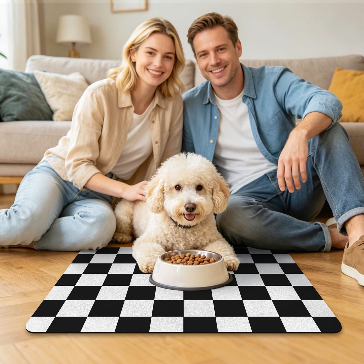 Focysep Absorbent Checkered Dog Food Mat, Leakproof Quick-Dry Pet Feeding Mat Cat Food Mat 24" x 16"Black for Food & Water Bowls, Easy-Clean Pet Bowl Mat for Dogs & Cats, Kitchen, Home or RV Use