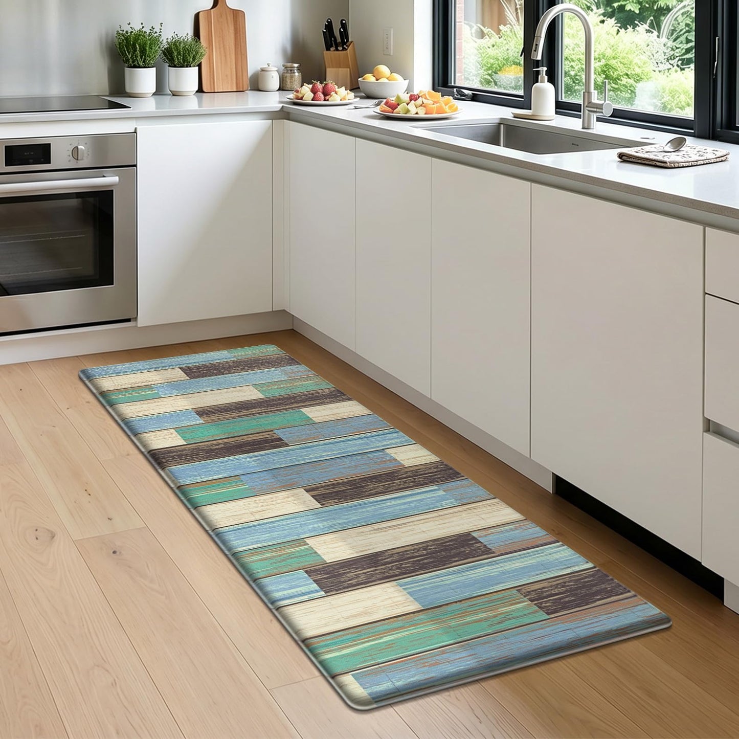 LOKHOM Anti Fatigue Kitchen Mats for Floor, 24x59 Non Slip Modern Cushioned Standing Comfort Kitchen Runner Rug, Waterproof Geometric Patchwork Memory Foam Padded for Sink Laundry Office, Teal