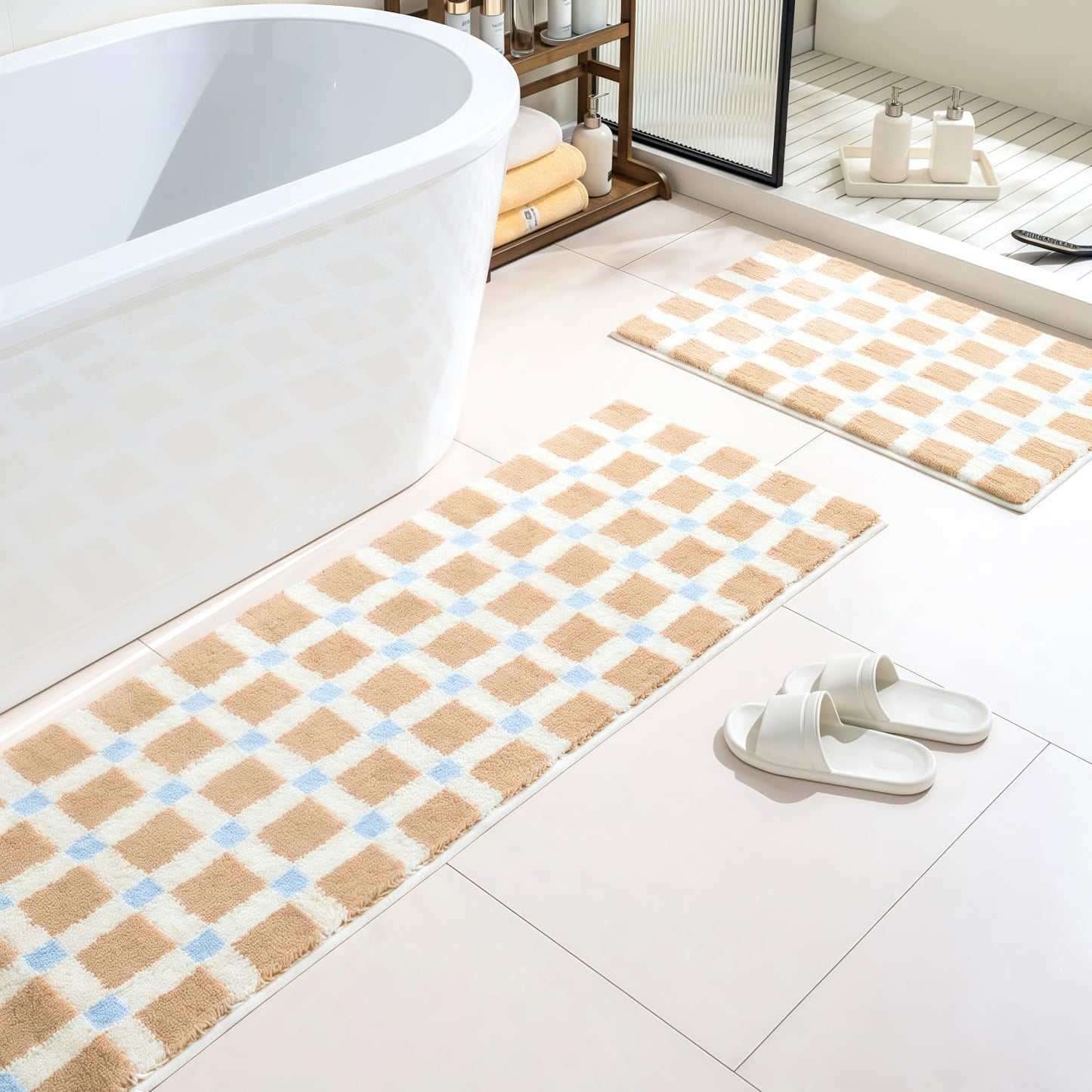 GIB Bathroom Runner Rug Mat 47" x 16", Extra Soft Absorbent Plush Fluffy Bath Rugs, Non-Slip Washable Bath Mats for Bathroom Floor Shower Bedroom Decor, Warm Beige Cream Checkered with Blue Accents