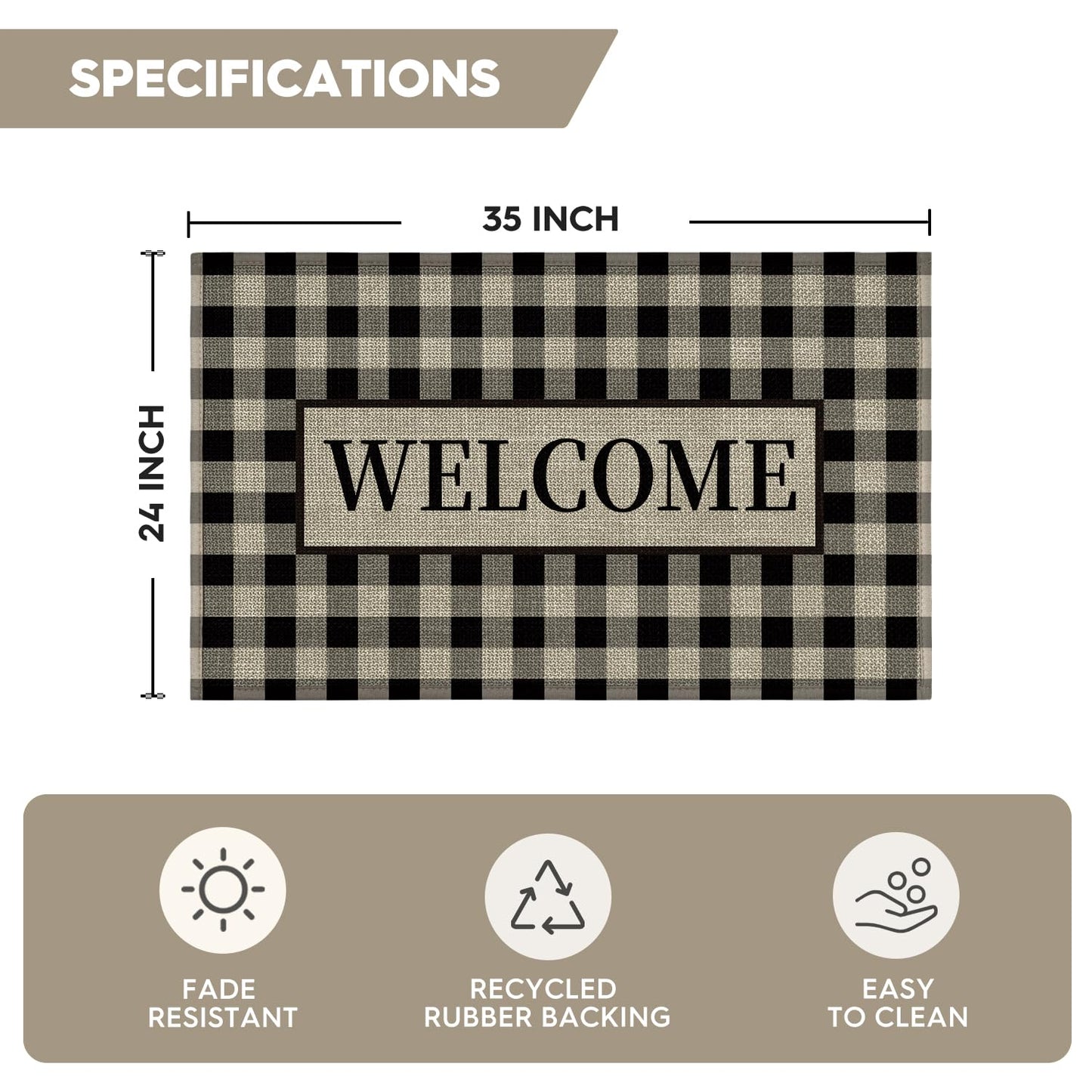 Artoid Mode Plaid Pattern Welcome Washable Doormat, Seasonal Decor Non Slip Low-Profile Absorbent Natural Rubber Back Door Mat 17x29 Inch
