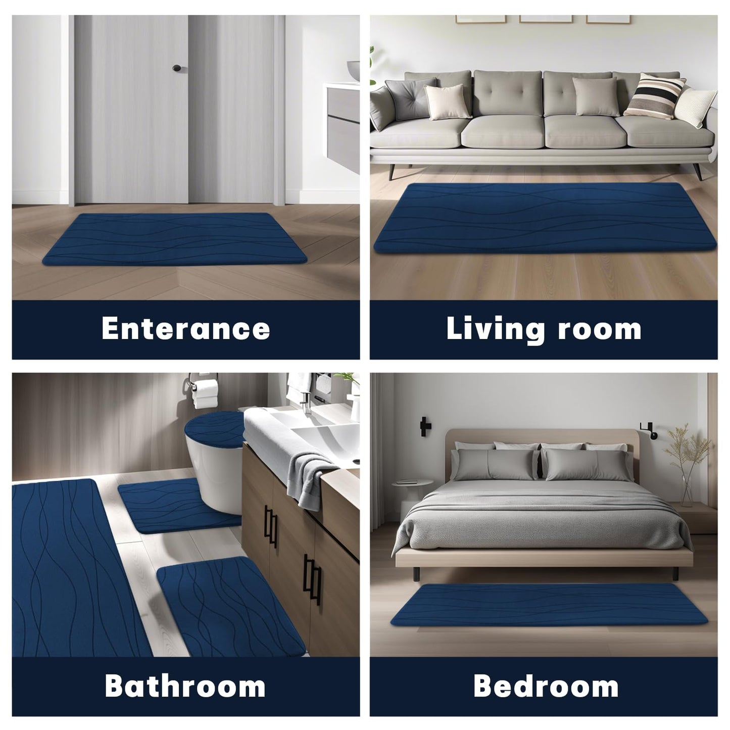 YIHOUSE Memory Foam Bathroom Rug Sets, Navy Blue, 5 Piece