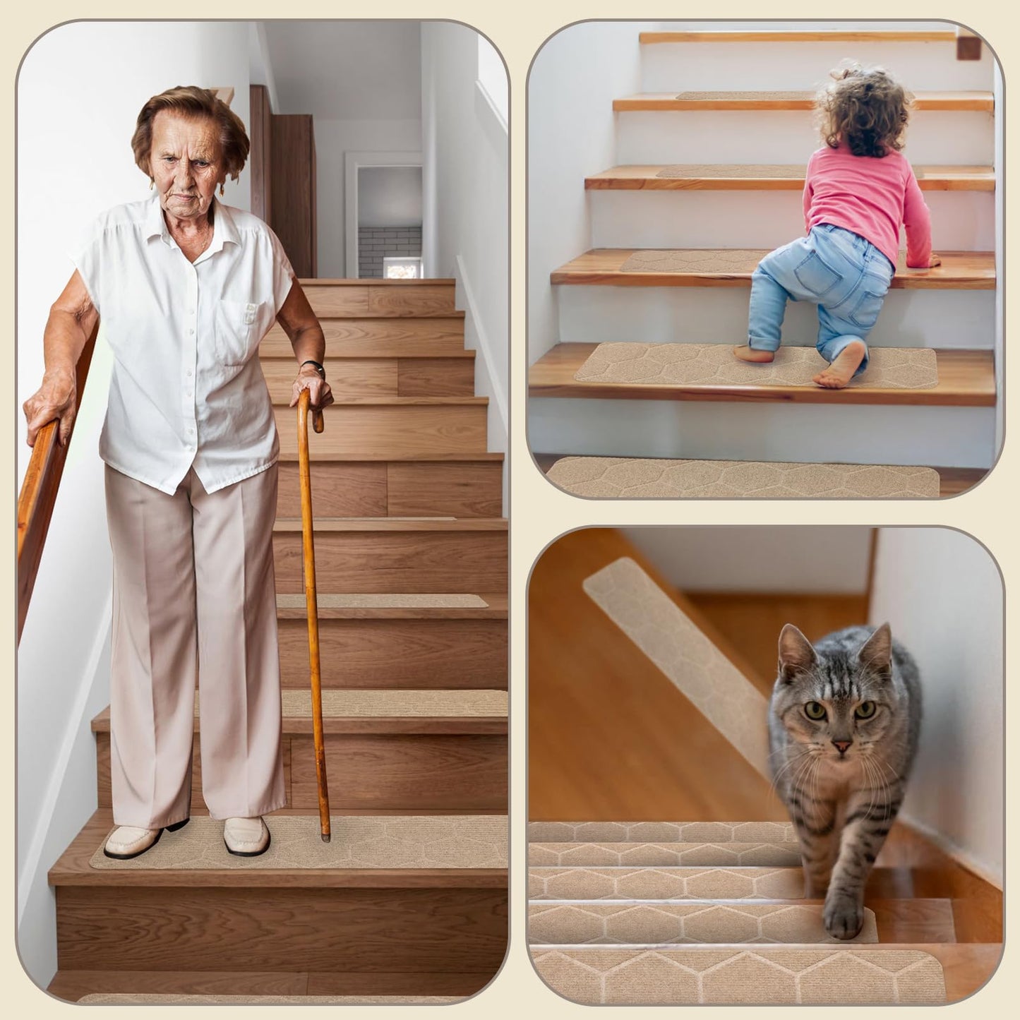 MATAHUM Stair Treads Non Slip, 15 Pack 8" * 30" Beige Stair Treads for Wooden Steps Indoor, Clipped and Assembled Stair Rugs for Kids Elders Dogs
