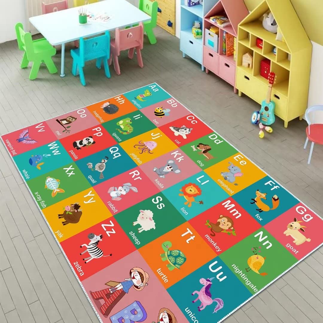 ABC Alphabet Education Rug, Kids Fun Game Carpet Children's Room, Playroom, Classroom, Non-Slip Washable Crawl Floor Mat (Animal 47x71in)