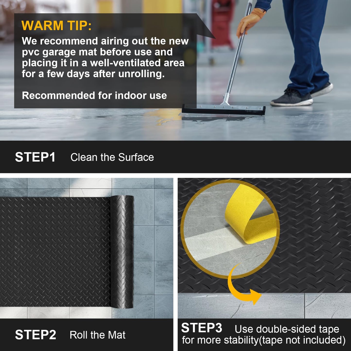 4x8FT Garage Floor Mat, 2.8mm Thickened Flooring Roll for Under Car, Golf Cart Parking Mat, Diamond Plate PVC Rubber Motorcycle Mat, Non-Slip Floor Protector for Garage Warehouse Trailer, Black