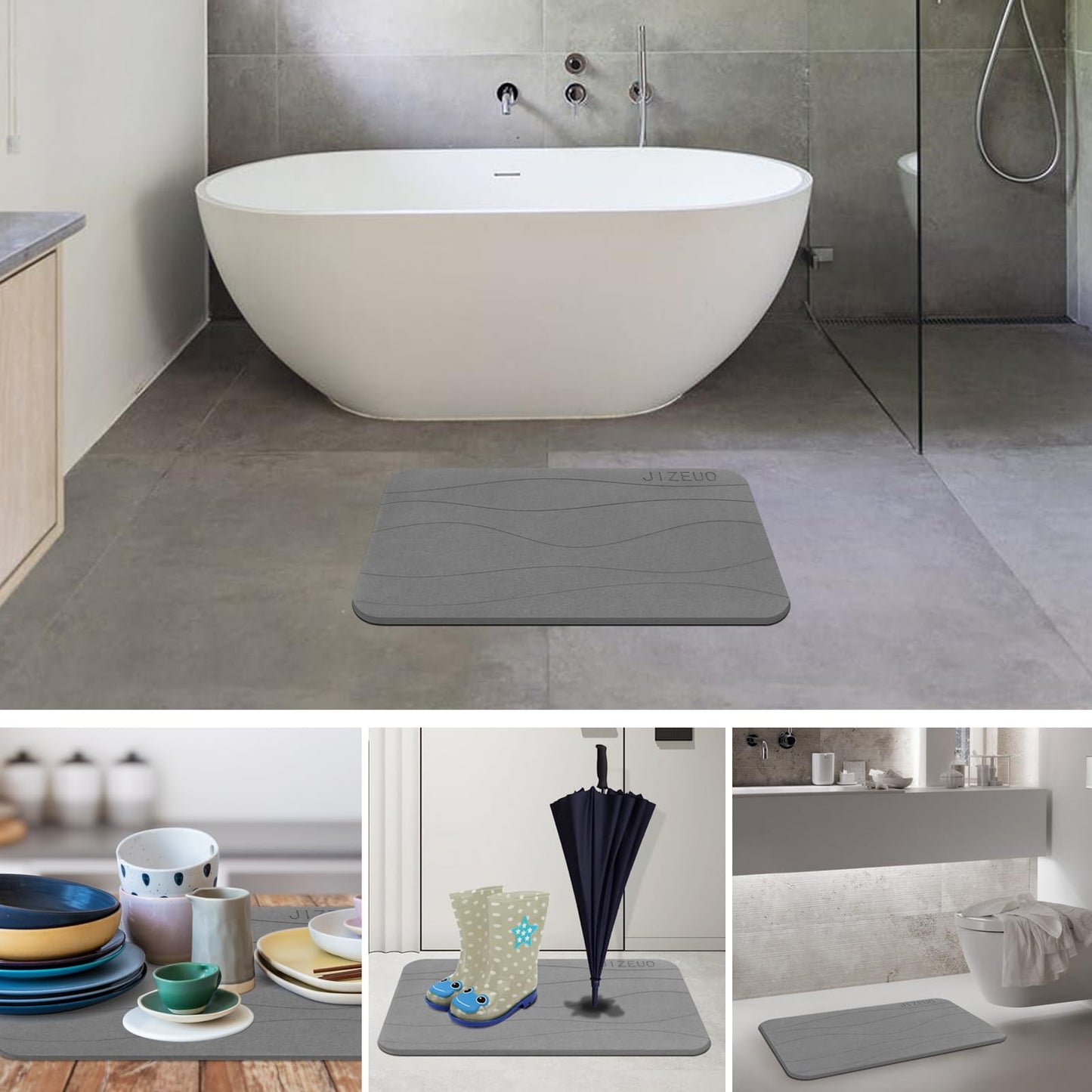 JIZEUO Stone Bath Mat, Diatomaceous Earth Shower Mat, Non-Slip Super Absorbent Quick Drying Bathroom Floor Mat,2 Pack, Grey