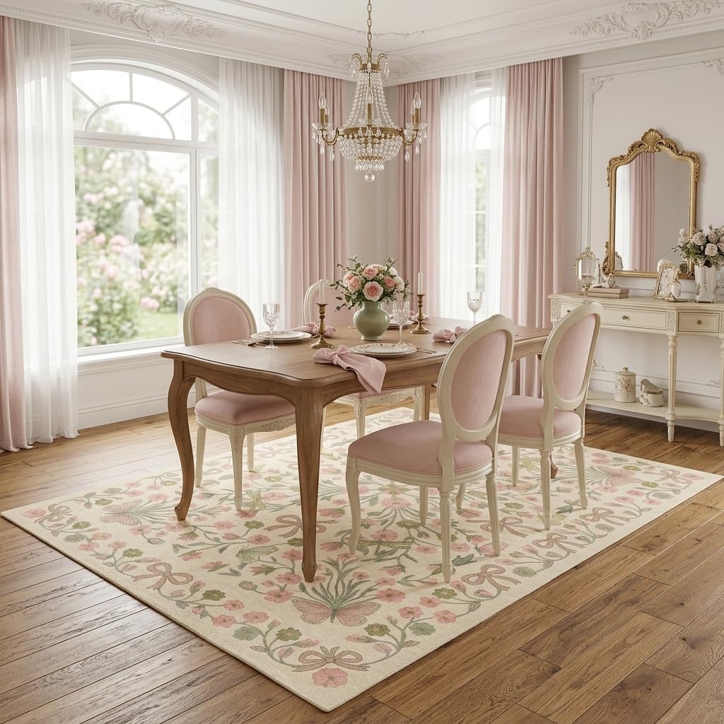 BreezeRise 5x7 Area Rug for Living Room,Boho Beige Butterfly Bow Rug Pink and Green Florals,Non-Slip Washable Foldable Bedroom,Dining Room