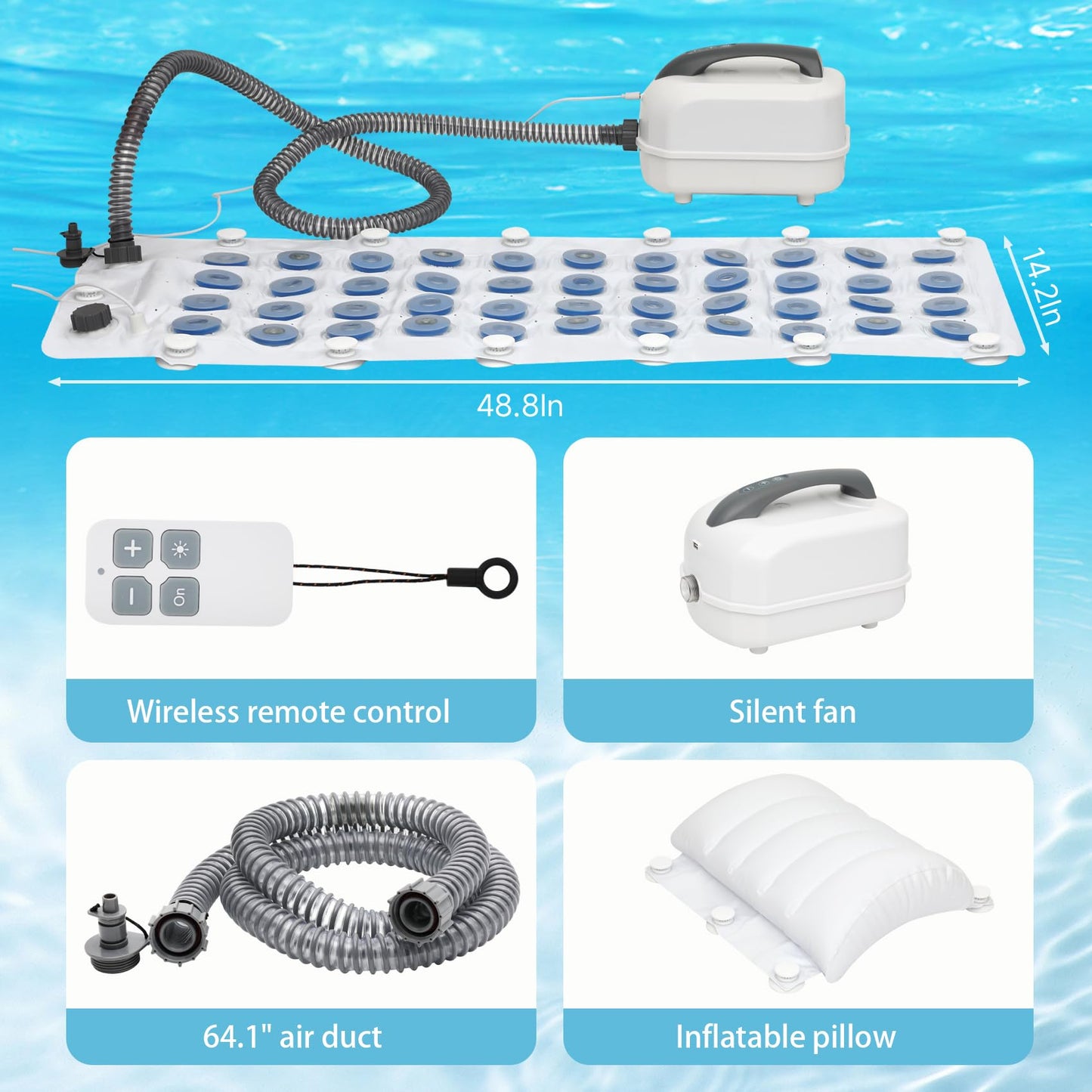 Bubble Bath Mat for Bathtub Spa, Full Body Hydrotherapy Massager with 6 Bubble Speeds & 6-Color LED Lights, Non-Slip Suction Cups, Remote Control & Inflatable Bath Pillow for Stress Relief