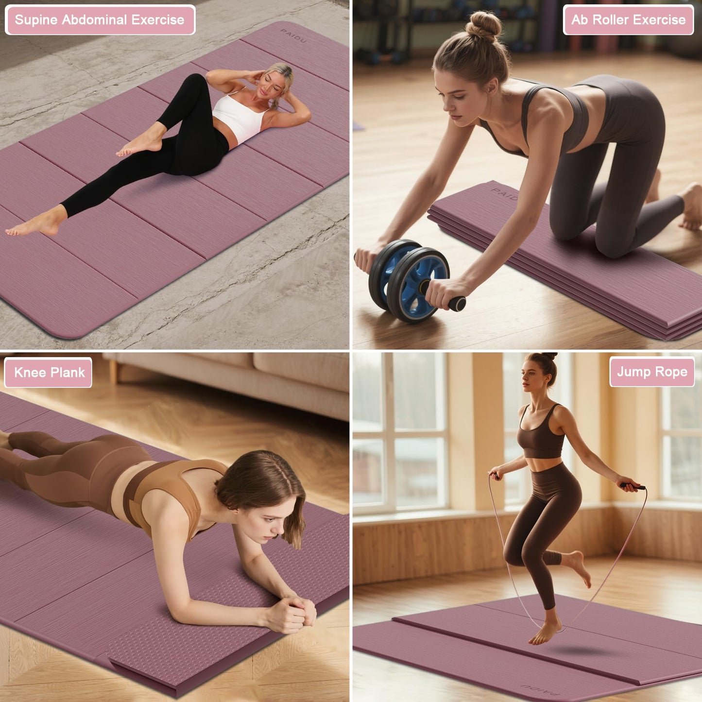 PAIDU Foldable Yoga Mat thick- 2/5" (10MM) TPE Non-Slip Design, Quick Fold,Easy Storage, 75x40 Extra Long/Wide for Indoor Yoga, Pilates and Outdoor Travel Workouts (Deep Pink)