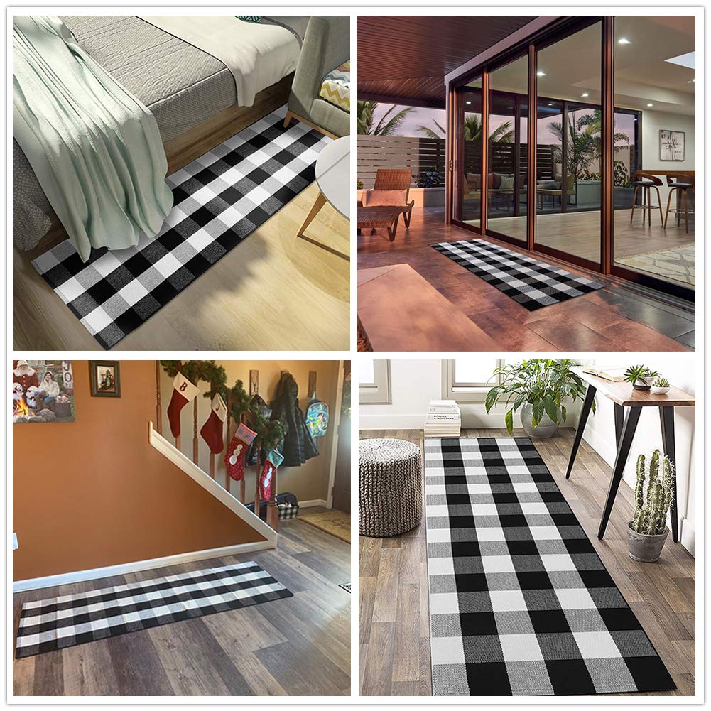 KaHouen Buffalo Check Runner Rug (24 x 71 Inches),Hand-Woven Buffalo Plaid Runner Rugs, Black and White Checkered Outdoor Rugs for Kitchen/Living Room/Bathroom/Laundry Room