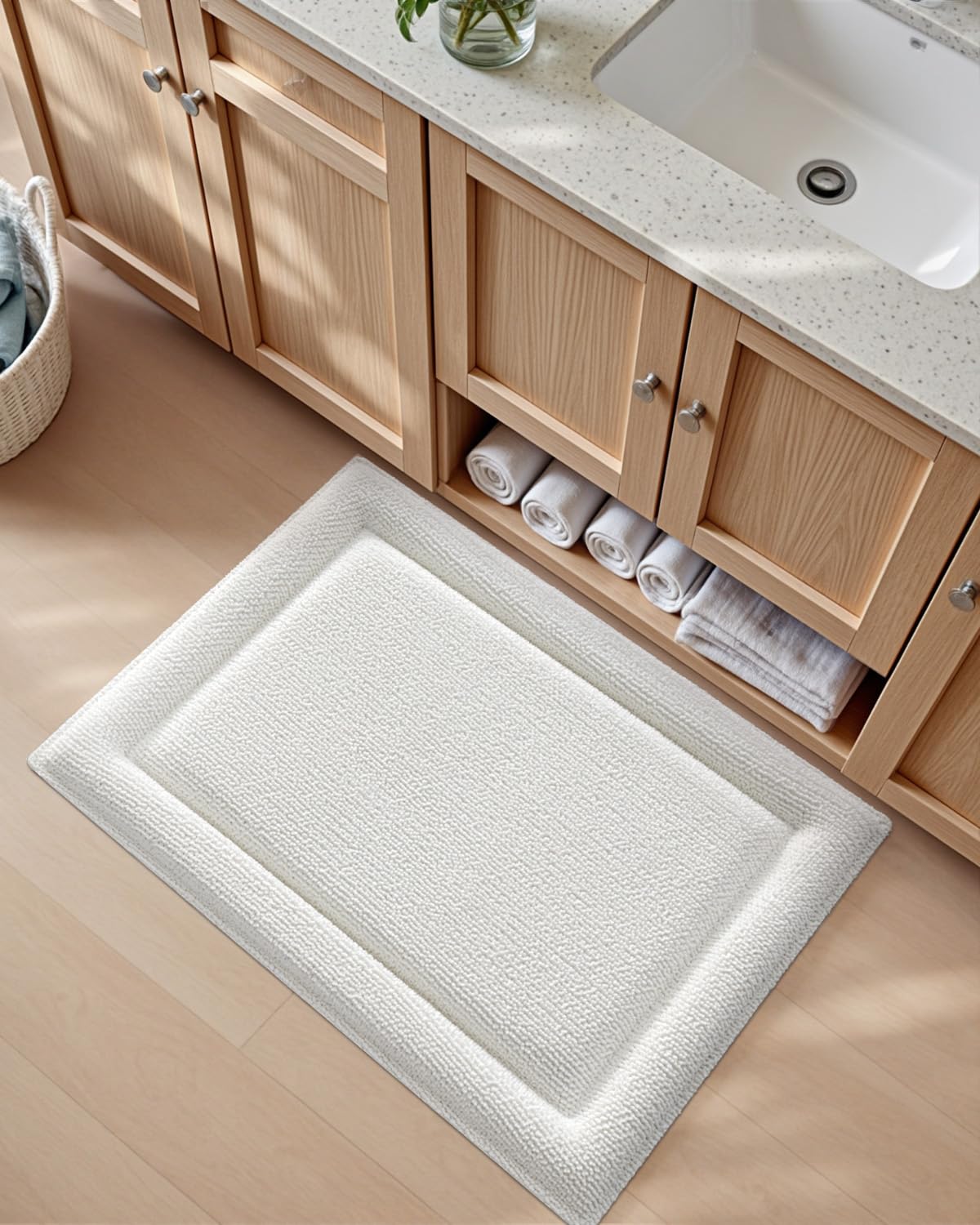 DEXI Memory Foam Bath Mat 24x17, Soft Absorbent Chenille Bathroom Rug, Non Slip Quick Dry Bath Mats for Bathroom, Thick Plush Floor Carpet for Tub Shower, Sink, Ivory