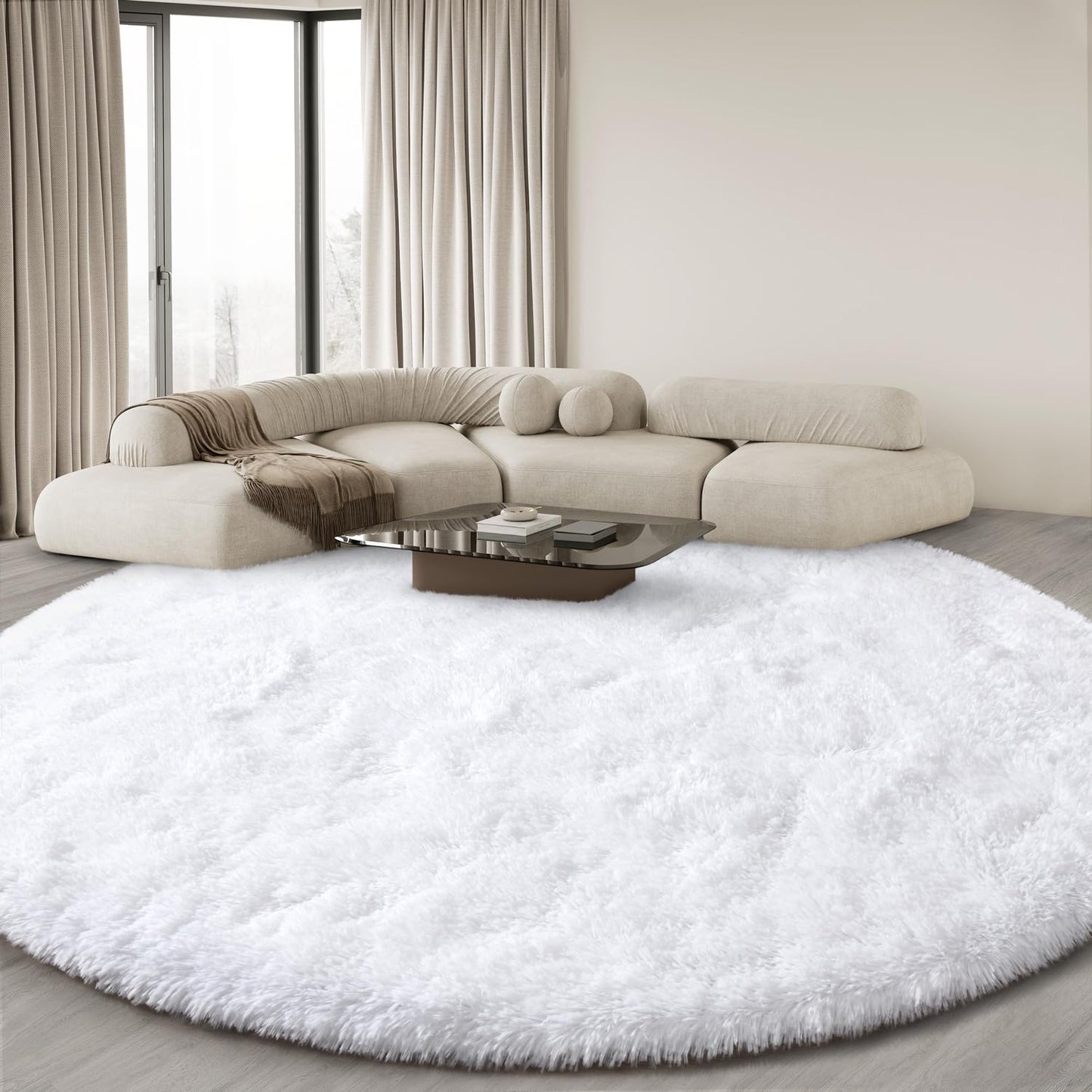 KIXINWA Round Rug for Bedroom, 5x5 Fluffy Soft Circle Area Rugs for Living Room, Washable Plush Shaggy Indoor Floor Bedside Kids Girls Nursery Room Circular Carpet, Home Decor Aesthetic, White