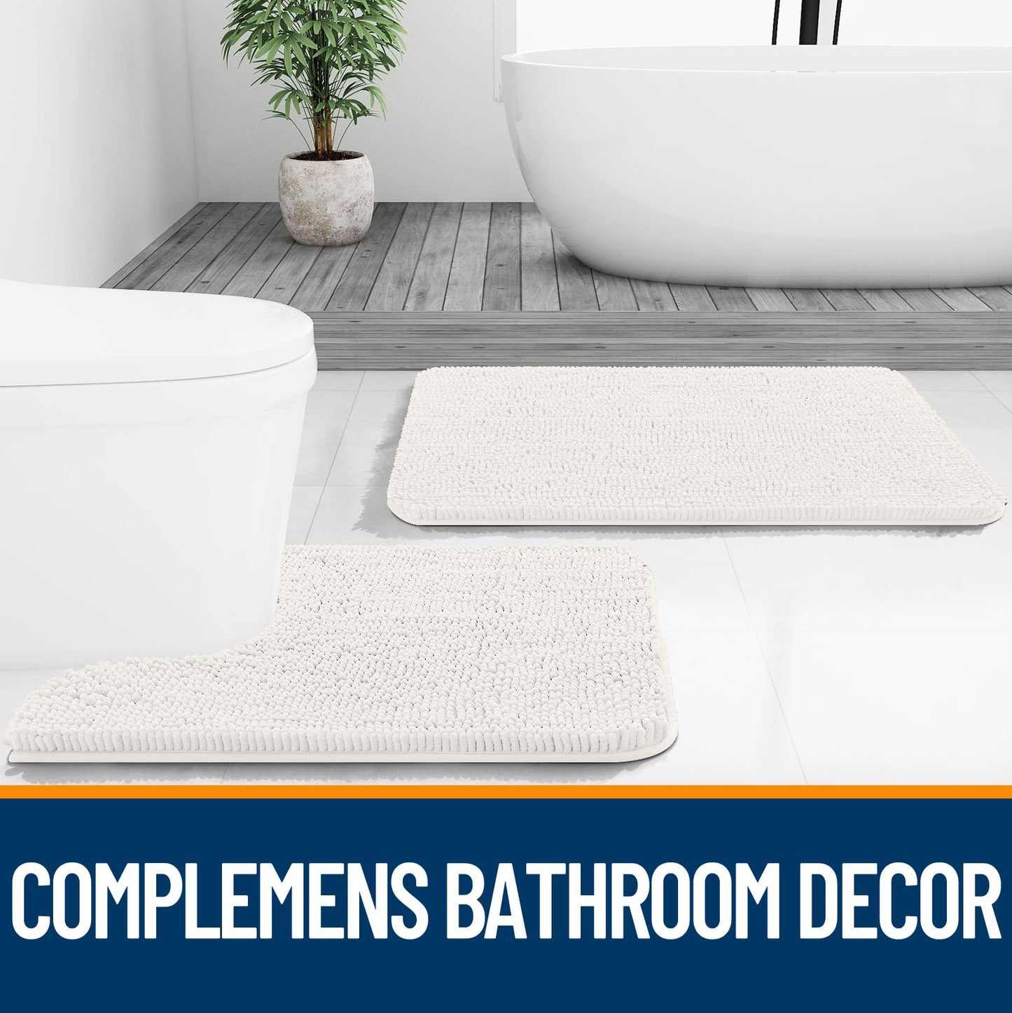 OLANLY Bathroom Rugs Sets 3 Piece, Soft Absorbent Chenille Bath Mats and U-Shaped Contour Toilet Rug, Quick Dry, Home Decor Accessories, Bath Mat Set for Bathroom (47"x20"+24"x16"+24"x20", Ivory)