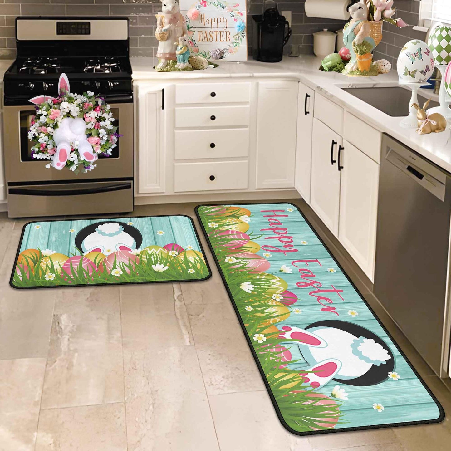 Putware Easter Kitchen Rugs and Mats Set of 2, Easter Decorations for Home Non Slip Backing Happy Easter Kitchen Rug Seasonal Low-Profile Kitchen Floor Mat Easter Decor 17"X47"+17"X30"