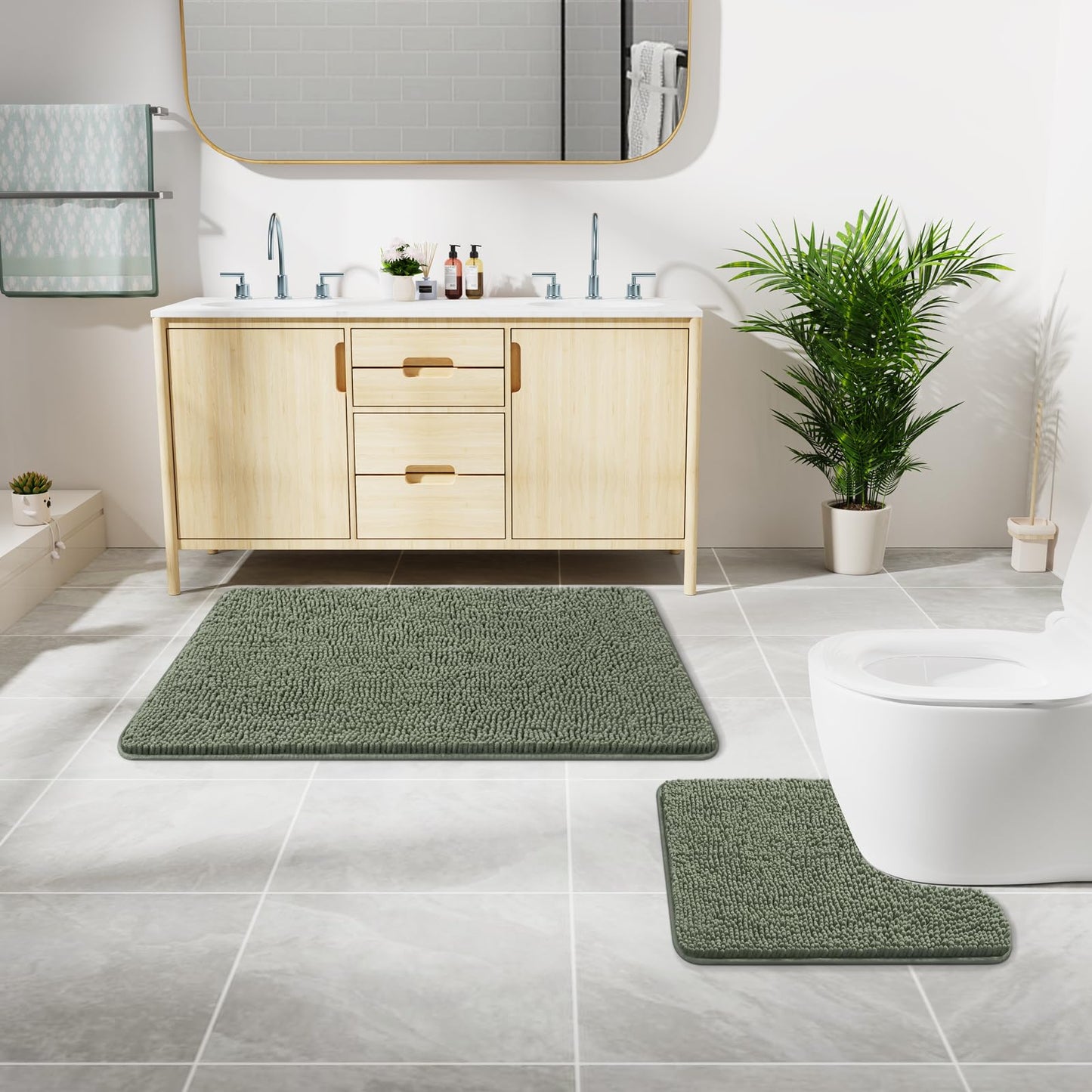 LOCHAS Bathroom Rugs Sets 2 Piece, Soft Non Slip Bath Mat Set, 20''x20'' U-Shaped Toilet Rug and 34''x21'' Sage Green Bath Rugs, Washable Absorbent Chenille Toilet Rug Set for Bathroom, Shower