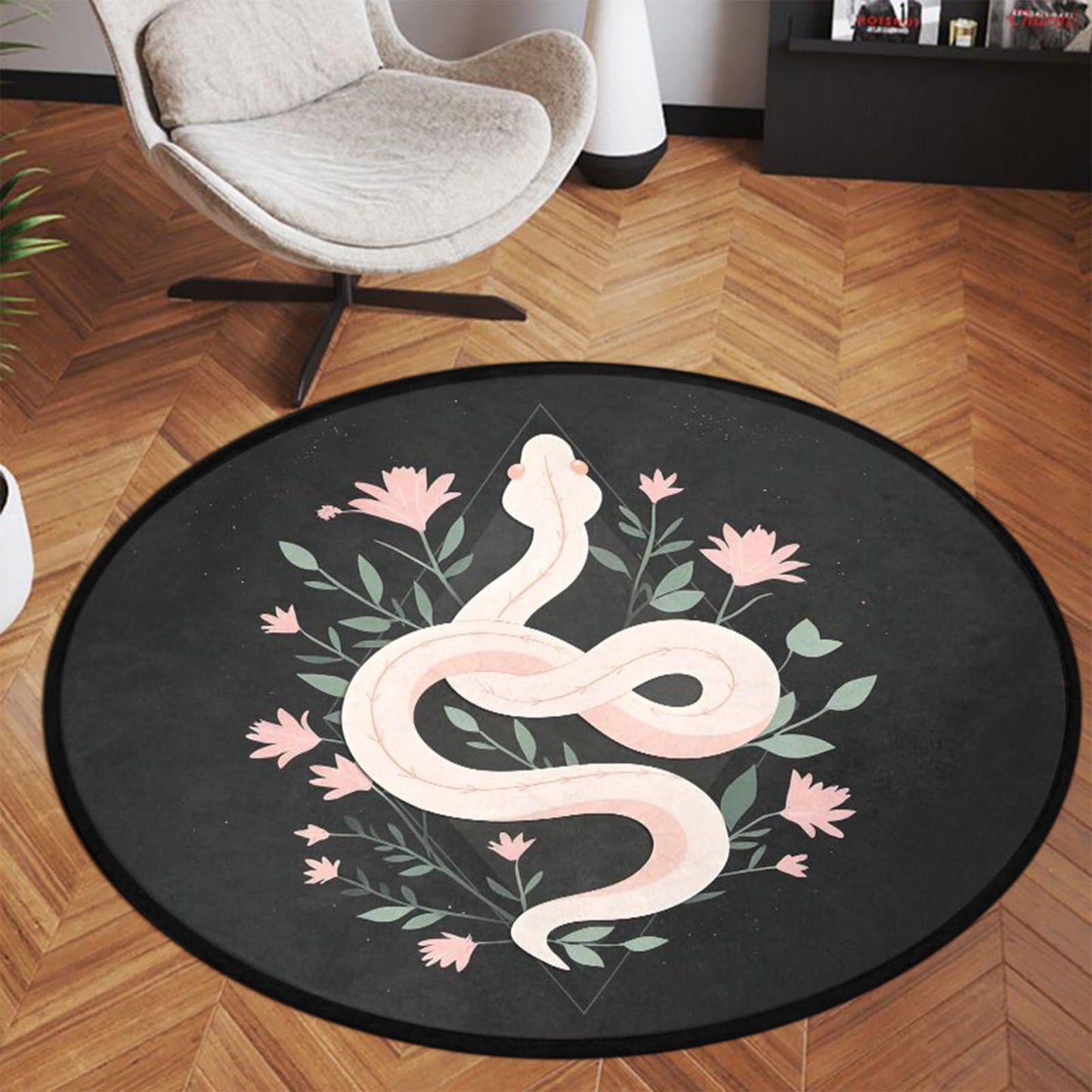 keepcute Dark Botanical Snake Round Area Rug 5' - Gothic Black Serpent Floral Circle Mat, Washable Non-Slip Soft Matte Rug for Bedroom Living Room