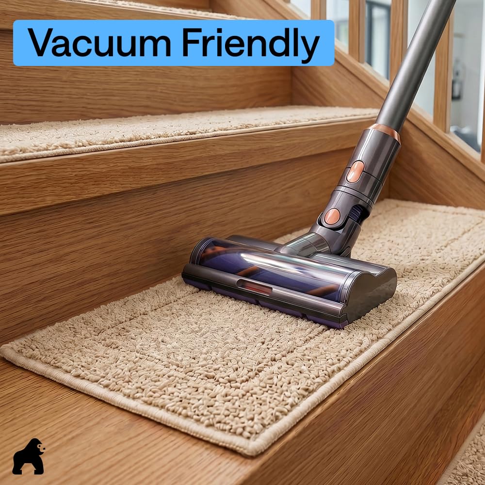 GORILLA GRIP Peel and Stick Stair Treads,15 Pack, for Wooden Steps, Multi-Surface Use, Machine Washable Carpet Runners, Indoor Rugs for Stairs, Pet Friendly, Universal Size,Beige, 8x28 Inches