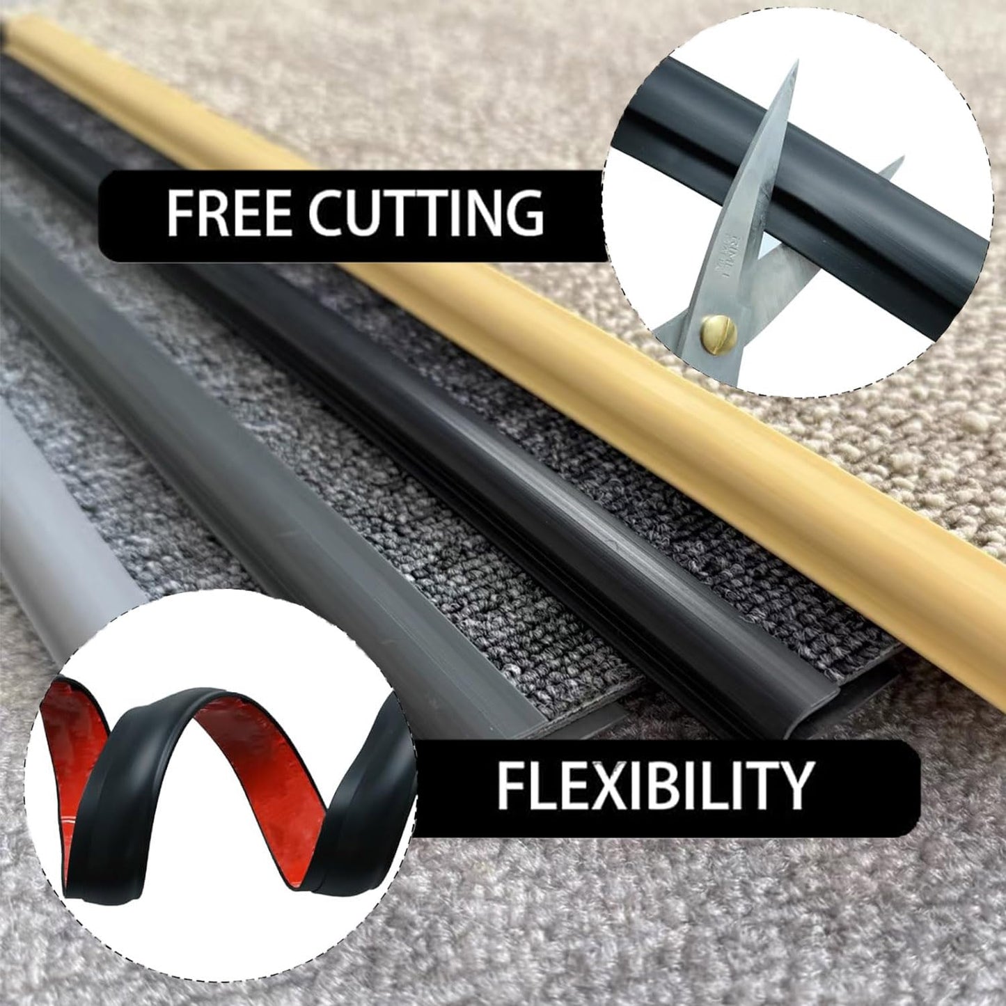 Carpet to Tile Transition Strip, Flexible Carpet Edging from Carpet to Tile Floor, Self Adhesive Cuttable Carpet Edge Trim Strip, Flexible Rug Edge Protector for Doorway(Black 24ft)