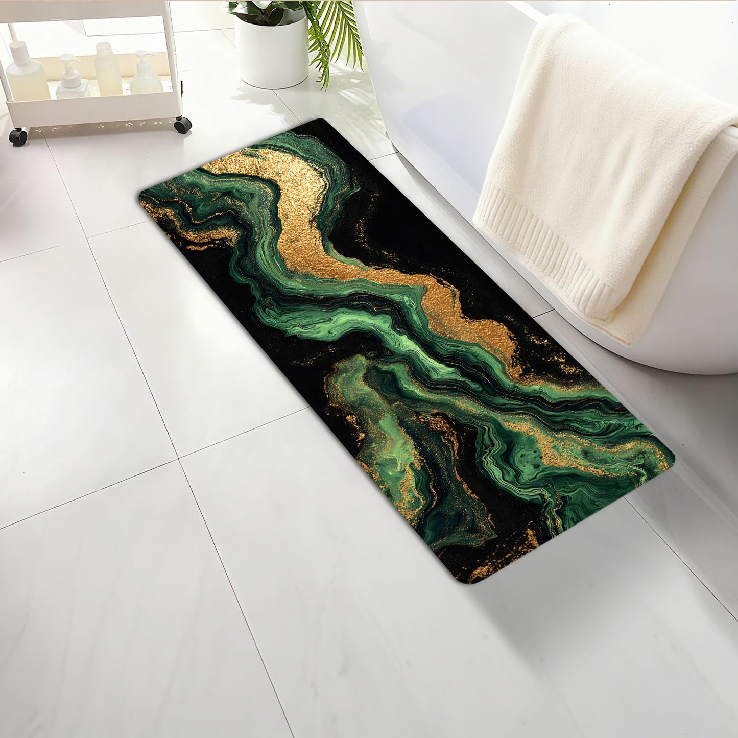 ANNA QUEEN Green Marble Pattern Laundry Room Rug 20x47 Inch – Non Slip Green Marble Pattern Mat for Laundry Room, Kitchen, Entryway, Holiday Decor