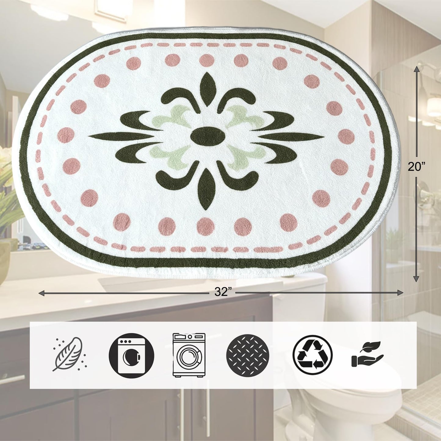 White Bathroom Rugs Soft Cute Bath Mat for Bath Floor 20x32inch, Machine Washable Non-Slip Bath Mats for Shower Toilet Tub, Kid’s Bathroom Decor Plush Carpet (Green Floral)