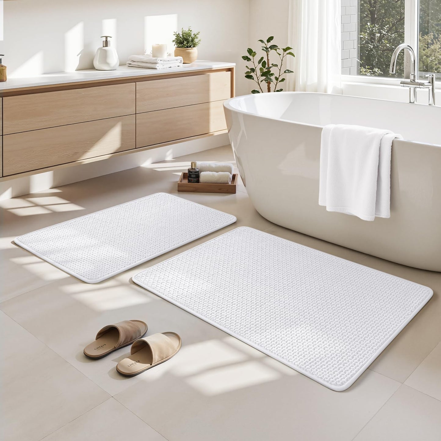 HOMEIDEAS Bathroom Rugs Set 2 Piece, Ultra Thin Non-Slip Bath Mats Rubber Backed, Chenille Absorbent Quick Dry Mats for Shower & Vanity, Low Profile Fits Under Door (White, 32"x20"+24"x17")