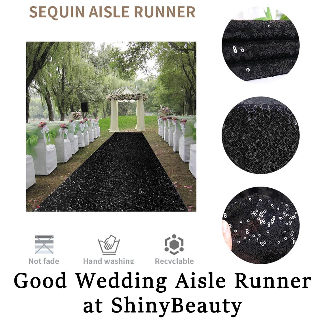 ShinyBeauty 4FT x 15FT Black Aisle Runner Tape | Shimmer Fabric Wedding Floor Runners with Glitter Carpet for Elegant Events