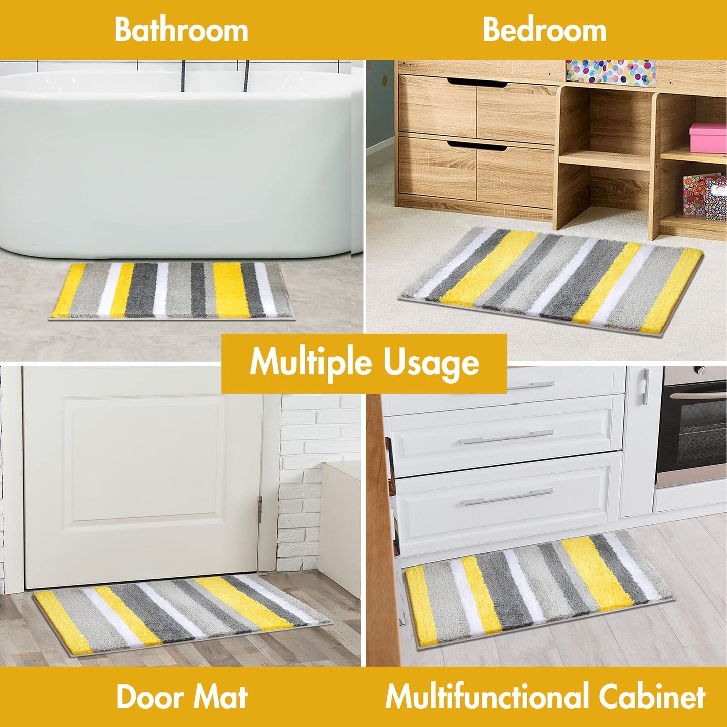 MIULEE Yellow Grey Bathroom Rug 16x24 Inch, Small Soft Thick Microfiber Striped Bath Mat, Non Slip Fluffy Plush Machine Washable Quick Dry for Bathroom Decor, Floor Tub and Shower