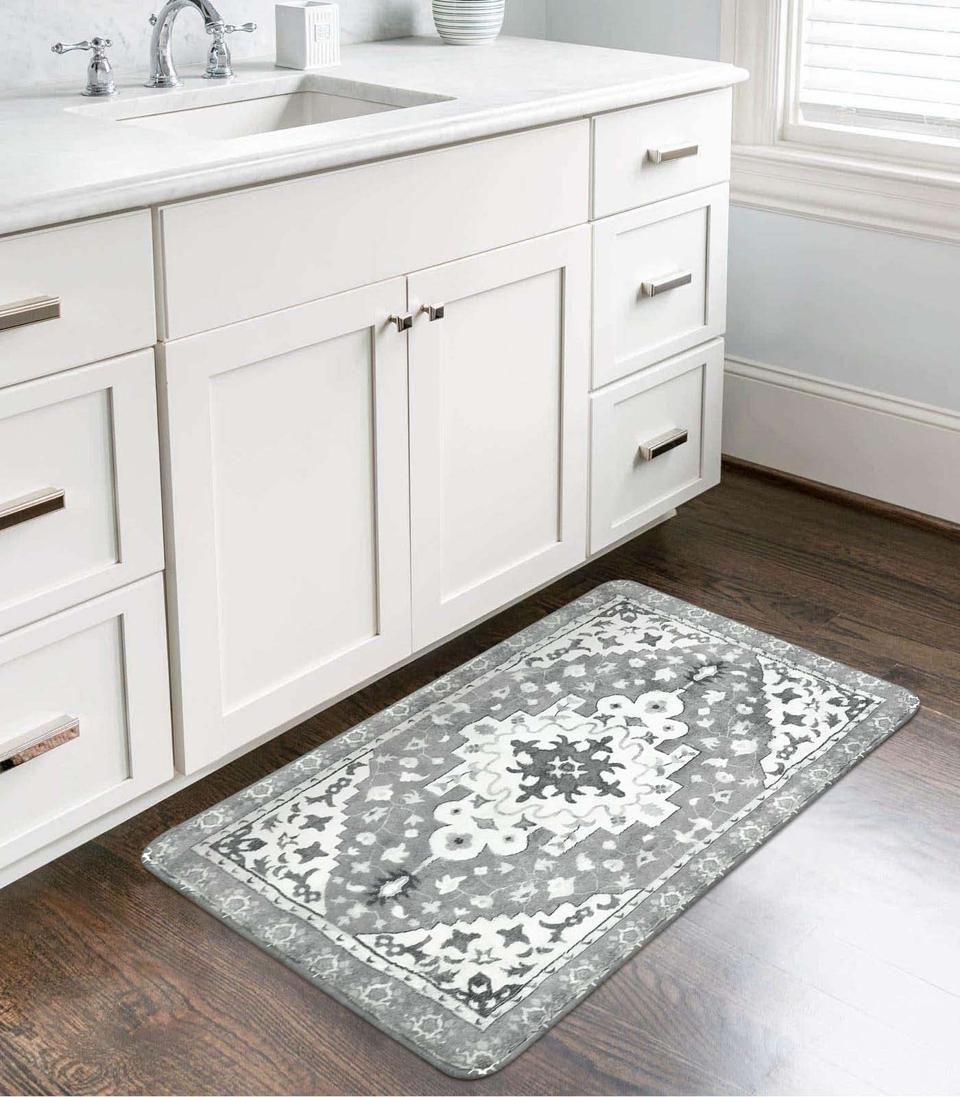 Uphome Boho Retro Bathroom Rug Gray Non-Slip Soft Bath Rug Machine Washable Oriental Bathroom Mat Traditional Farmhouse Floral Floor Mats for Bathtub Shower Toilet, 20x31 inch