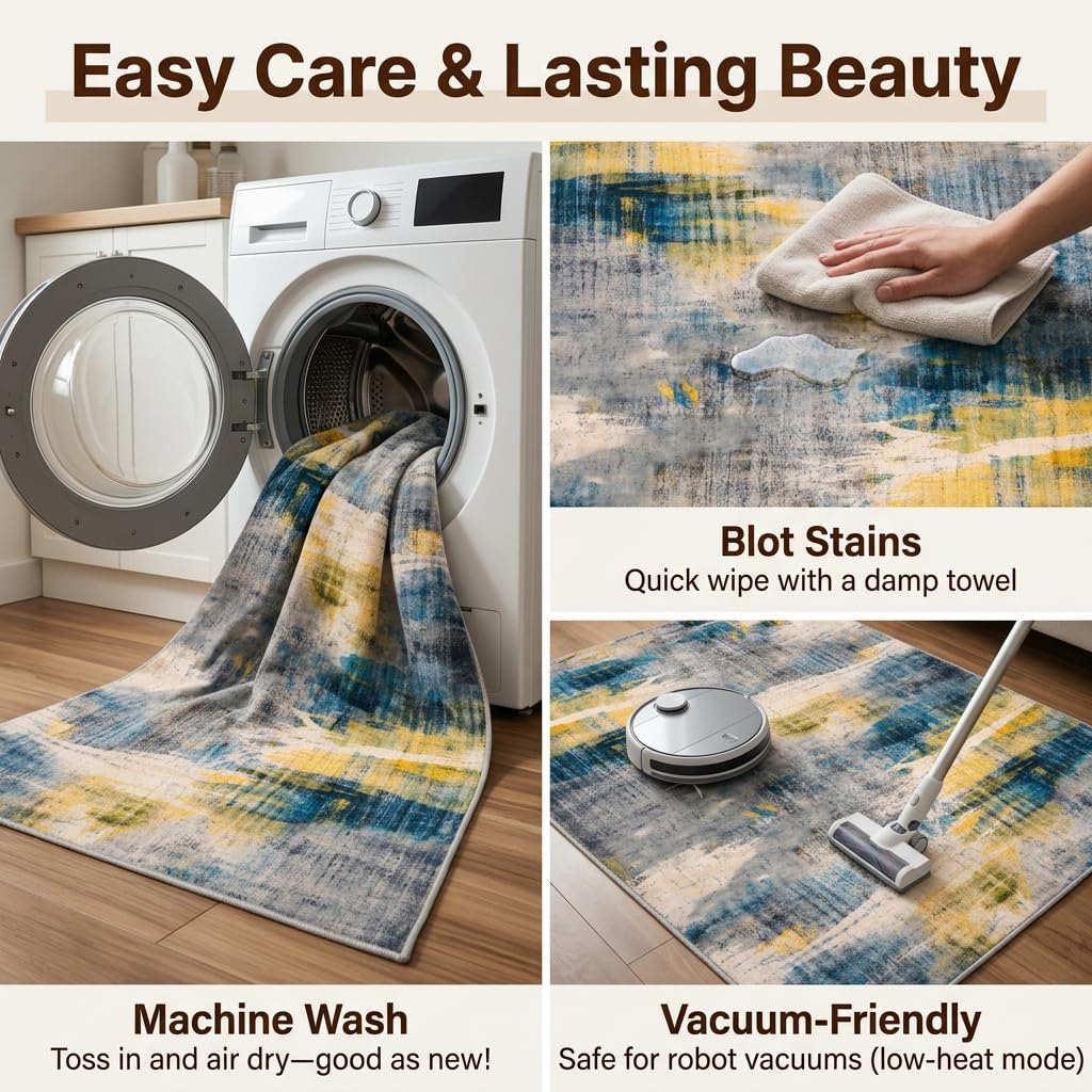 Xinlezx 5x7 Area Rug for Living Room, Washable Non Slip Abstract Area Rug, Blue Gray Modern Carpet with Yellow Accents, Soft Faux Cashmere Foldable Rug for Bedroom Dining Room Home Office